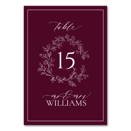 Bourgogne Leafy Crest Monogram Floral Wedding Kaart (Voorkant)