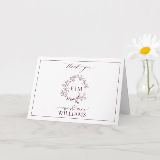 Bourgogne Leafy Crest Monogram Foto Bedankt Kaart (Kleine Plant)