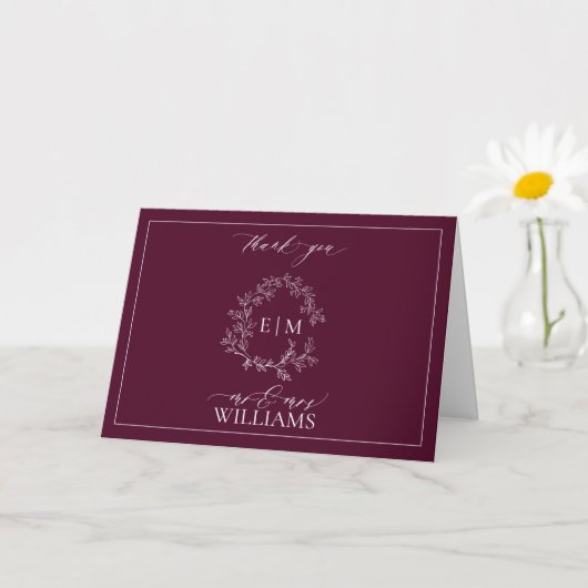 Bourgogne Leafy Crest Monogram Foto Bedankt Kaart (Kleine Plant)
