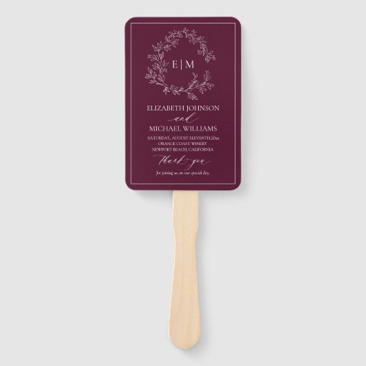 Bourgogne Leafy Crest Monogram Huwelijksprogramma Handwaaier (Voorkant)