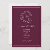 Bourgogne Leafy Crest Monogram Save the Date Kaart (Voorkant)