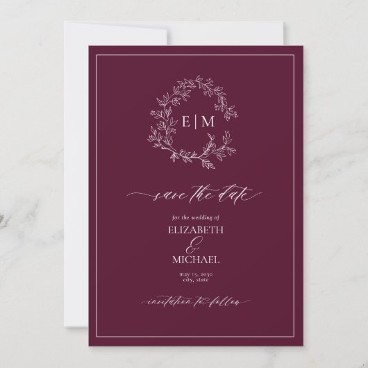 Bourgogne Leafy Crest Monogram Save the Date Kaart (Voorkant)