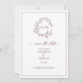 Bourgogne Leafy Crest Monogram Save the Date Kaart (Voorkant)