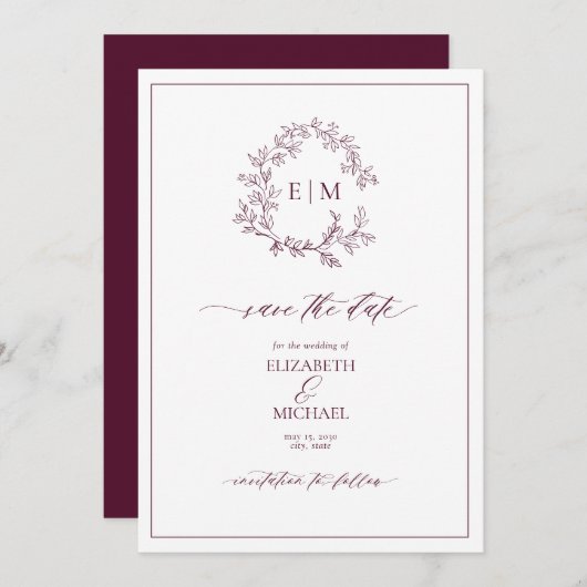 Bourgogne Leafy Crest Monogram Save the Date Kaart (Voorkant / Achterkant)
