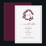 Bourgogne Leafy Crest Monogram Save the Date Kaart<br><div class="desc">Tijdloos. ophisticeerd. Totaal onvergetelijk. Deze Bourgondische Bladdermantel Monogram Save the Date is de perfecte introductie tot uw huwelijksfeest. Met zijn verfijnde botanische kransmonogram, elegante script en diepe Bourgondische accenten roept dit ontwerp een gevoel van klassieke romance en moeiteloze luxe op. Een onberispelijke keuze voor wijngaardbruiloften, historische landgoederen of officiële zaken...</div>