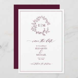 Bourgogne Leafy Crest Monogram Save the Date Kaart