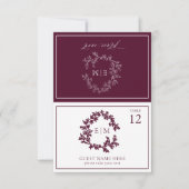 Bourgogne Leafy Crest Monogram Wedding Place Card RSVP Kaartje (Voorkant)