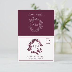 Bourgogne Leafy Crest Monogram Wedding Place Card RSVP Kaartje