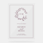 Bourgogne Leafy Crest Monogram Welkomstbruiloft Acryl Bord (Voorkant)