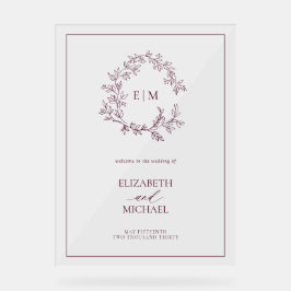 Bourgogne Leafy Crest Monogram Welkomstbruiloft Acryl Bord