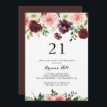 Bourgogne Lente Bloemen 21e Verjaardagsfeest Kaart<br><div class="desc">Deze bordeauxrode lente bloemenuitnodiging voor het 21e verjaardagsfeestje is perfect voor een moderne verjaardagsviering. Het handbeschilderde ontwerp is voorzien van groene bladeren,  oogverblindend roze,  blush,  paarse,  rode,  witte en bordeaux oogverblindende rozen,  pioenen netjes gerangschikt in kleine schattige boeketten.</div>