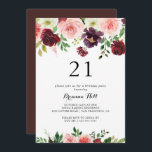 Bourgogne Lente Bloemen 21e Verjaardagsfeest Kaart<br><div class="desc">Deze bordeauxrode lente bloemenuitnodiging voor het 21e verjaardagsfeestje is perfect voor een moderne verjaardagsviering. Het handbeschilderde ontwerp is voorzien van groene bladeren,  oogverblindend roze,  blush,  paarse,  rode,  witte en bordeaux oogverblindende rozen,  pioenen netjes gerangschikt in kleine schattige boeketten.</div>