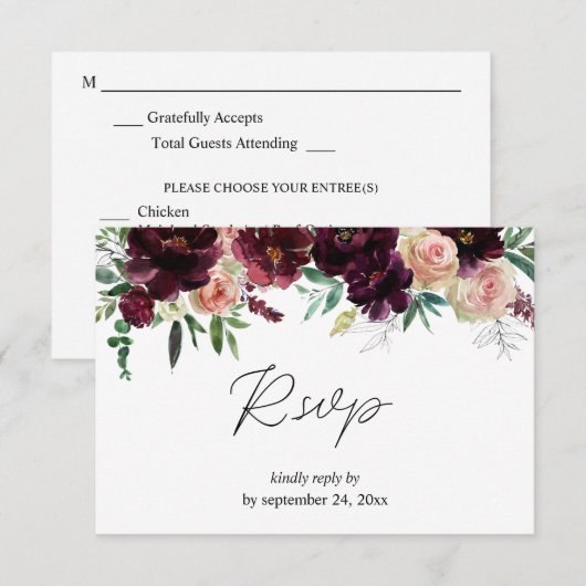 Bourgogne & Licht Blush Roze Bloem met Maaltijd RSVP Kaartje (Voorkant / Achterkant)