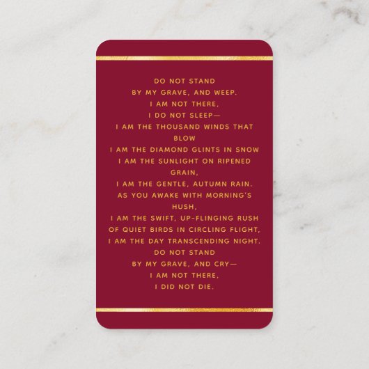 Bourgogne lichte foto begrafenis gebedskaart visitekaartje (Achterkant)