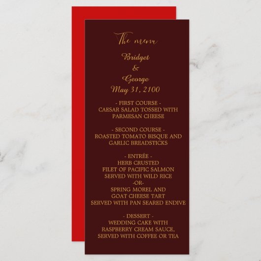 Bourgogne + lichtrood menu & programma trouwkaart (Voorkant / Achterkant)