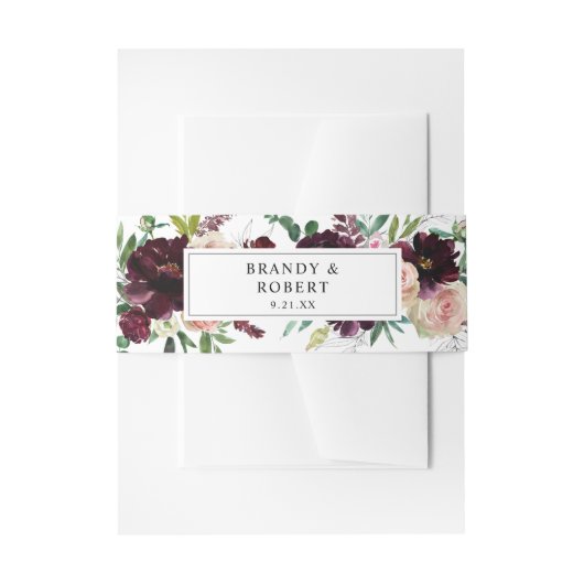 Bourgogne & Lichtroze Blush Bloemen 3 Uitnodigingen Wikkel (Voorkant Voorbeeld)