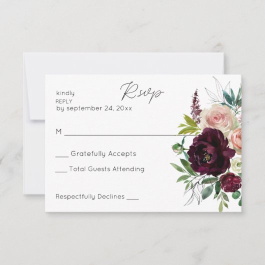 Bourgogne & Lichtroze Blush Bloemen Geen Maaltijd RSVP Kaartje (Voorkant)