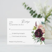 Bourgogne & Lichtroze Blush Bloemen Geen Maaltijd RSVP Kaartje (Staand voorkant)