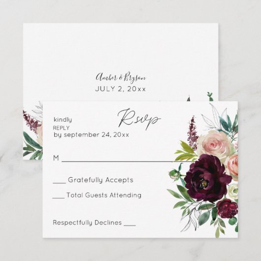 Bourgogne & Lichtroze Blush Bloemen Geen Maaltijd RSVP Kaartje (Voorkant / Achterkant)