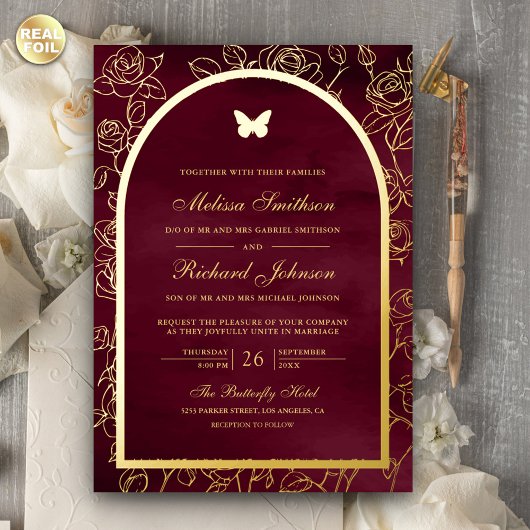 Bourgogne Line Art Arch Butterfly Wedding Gold Folie Uitnodiging