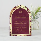 Bourgogne Line Art Gold Arch Butterfly Wedding Kaart (Staand voorkant)