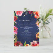 Bourgogne Marine Blauw Bloemen Bruiloft Menu (Staand voorkant)