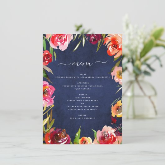 Bourgogne Marine Blauw Bloemen Bruiloft Menu (Staand voorkant)