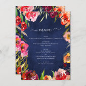 Bourgogne Marine Blauw Bloemen Bruiloft Menu (Voorkant / Achterkant)