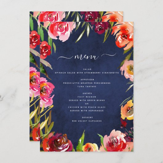 Bourgogne Marine Blauw Bloemen Bruiloft Menu (Voorkant / Achterkant)