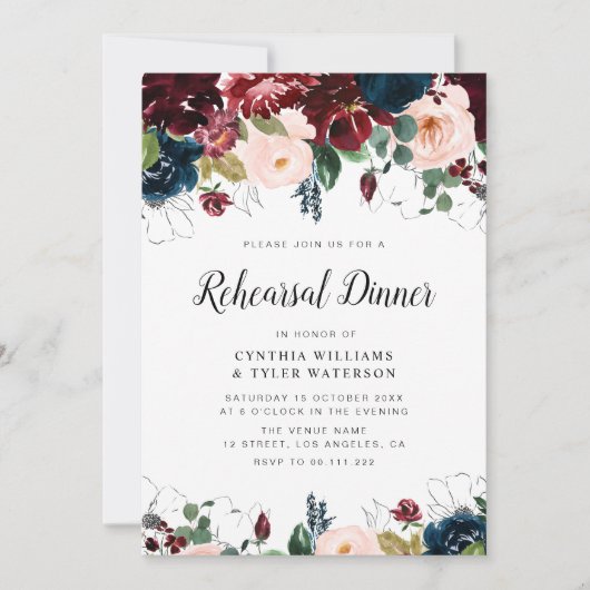 Bourgogne marine blauw & blush bloemenrepetitie di kaart (Voorkant)