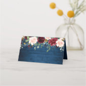 Bourgogne Marine Blauw Hout Blush Bloemen Bruiloft Plaatskaartje (Voorkant)