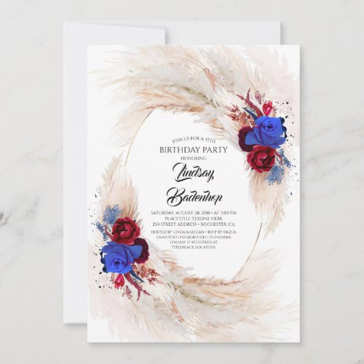 Bourgogne Marine Blauw Pampas Gras Verjaardagsfees Kaart (Voorkant)