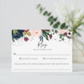 Bourgogne Marine Bloemen Bruiloft Voedsel Allergie RSVP Kaartje (Staand voorkant)