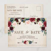 Bourgogne Marine Bloemen Rustiek Land Save the Dat Aankondigingskaart (Voorkant / Achterkant)