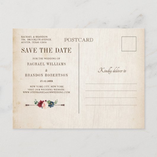 Bourgogne Marine Bloemen Rustiek Land Save the Dat Aankondigingskaart (Achterkant)