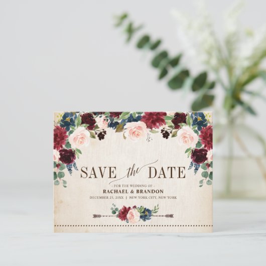 Bourgogne Marine Bloemen Rustiek Land Save the Dat Aankondigingskaart (Staand voorkant)