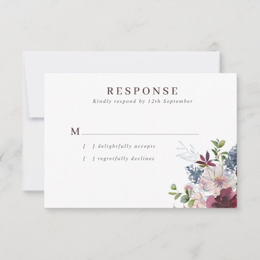 Bourgogne Marine & Blush Bloemen Bruiloft RSVP Kaartje (Voorkant)