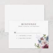 Bourgogne Marine & Blush Bloemen Bruiloft RSVP Kaartje (Voorkant / Achterkant)