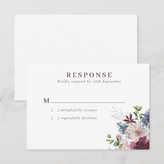 Bourgogne Marine & Blush Bloemen Bruiloft RSVP Kaartje (Voorkant / Achterkant)