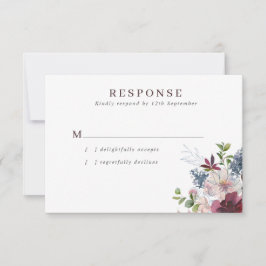 Bourgogne Marine & Blush Bloemen Bruiloft RSVP Kaartje