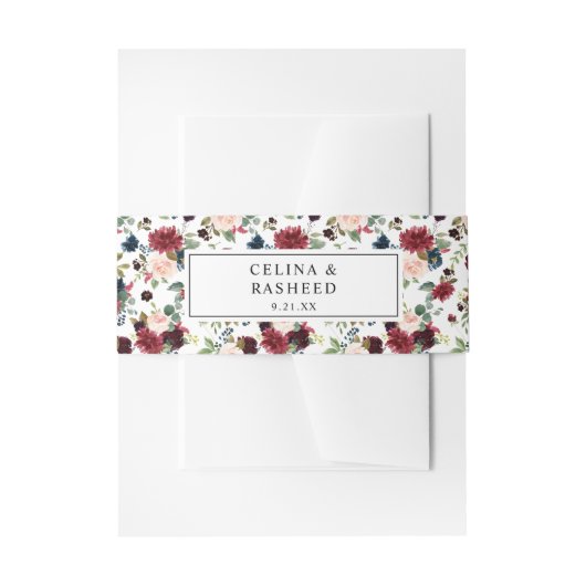 Bourgogne & Marine, Blush Roze Bloemen 3 Uitnodigingen Wikkel (Voorkant Voorbeeld)