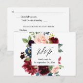 Bourgogne & Marine, Blush Roze Bloemen met Maaltij RSVP Kaartje (Voorkant / Achterkant)