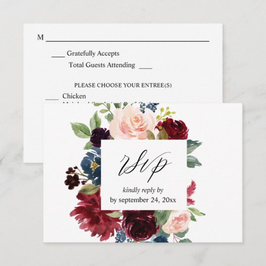 Bourgogne & Marine, Blush Roze Bloemen met Maaltij RSVP Kaartje (Voorkant / Achterkant)