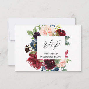 Bourgogne & Marine, Blush Roze Bloemen met Maaltij RSVP Kaartje