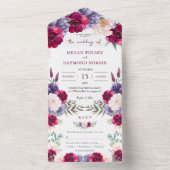 Bourgogne Marine Blush Rustiek Chique Floral RSVP All In One Uitnodiging (Binnen)