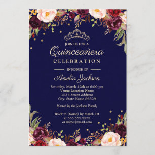 Bourgogne Marine Elegant Bloemen Quinceanera Kaart