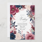 Bourgogne, marine en blos Boho Floral Wine Wedding Kaart (Voorkant)