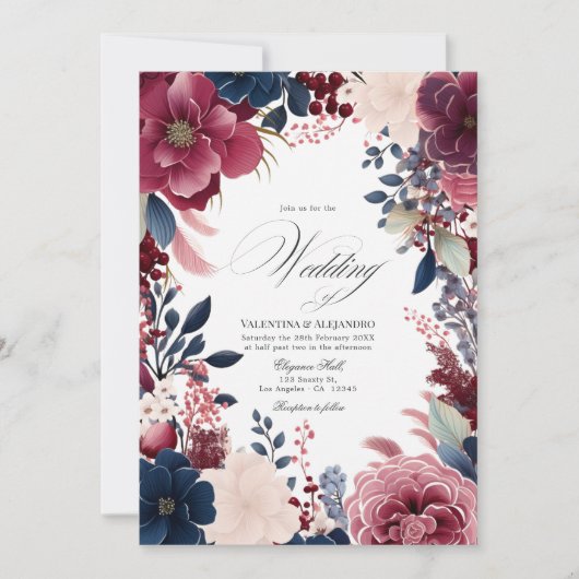 Bourgogne, marine en blos Boho Floral Wine Wedding Kaart (Voorkant)