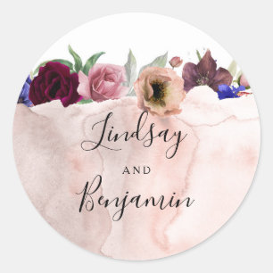 Bourgogne Marine en Blush Bloemen Bruiloft Ronde Sticker