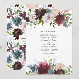 Bourgogne, marine en blush Floral QR Code Weddensc Kaart